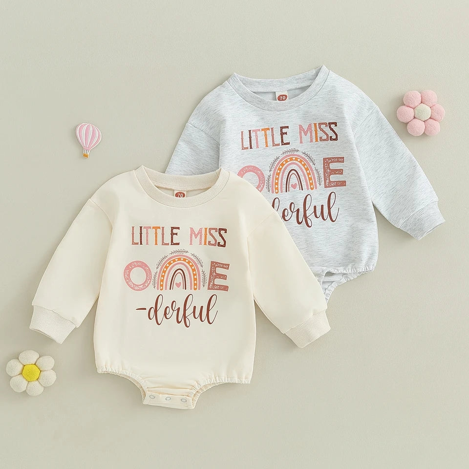 Little Miss One Derful Crewnek Birthday Romper, Cream #100055