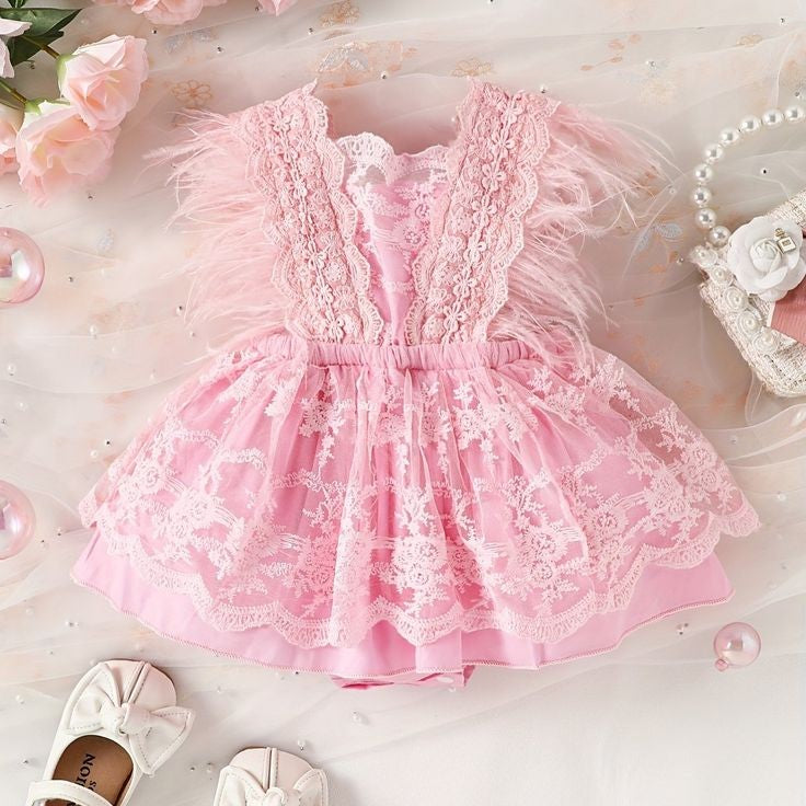 Pink Lace Romper with Feather Detail #1000308