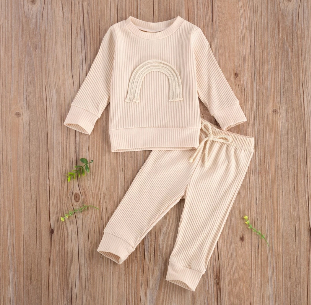 Cream Crewneck Ribbed Rainbow Tracksuit  #100099