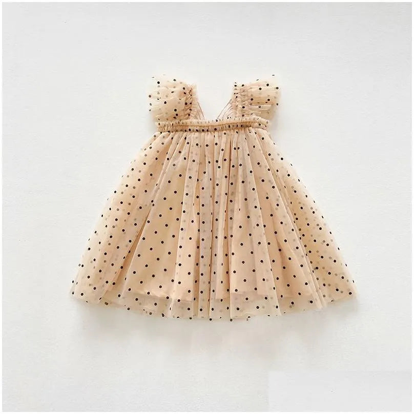 Champagne Polka Lace Butterfly Tulle Dress #1001154