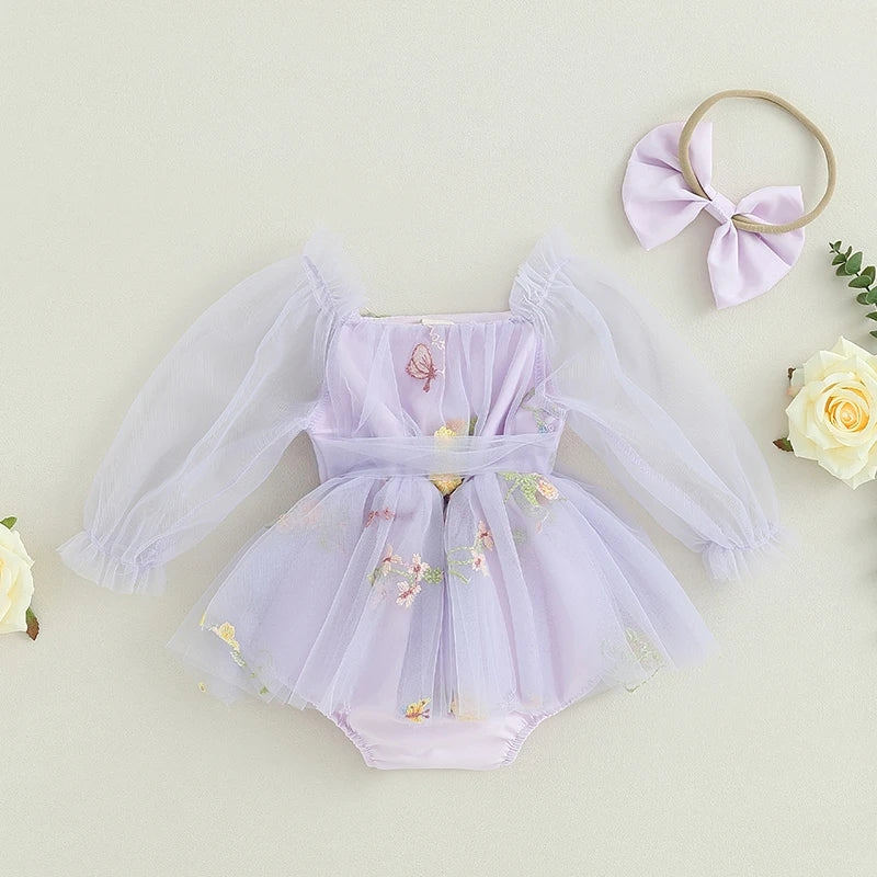 Purple Embroidered Long Sleeve Romper and Headband #10020034