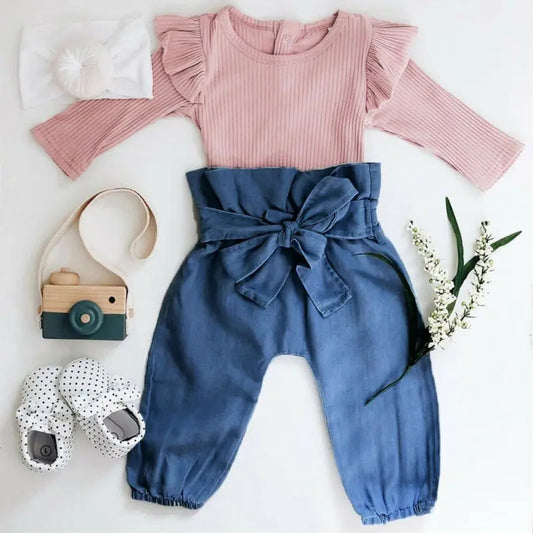 Ribbed Pink Long Sleeve Romper and Bowknot Denims #10006