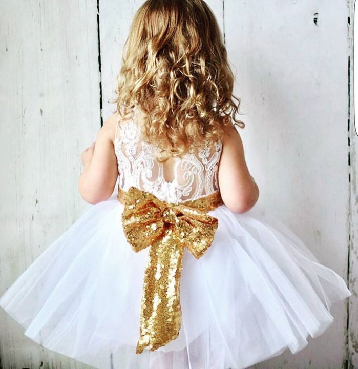 White Lace Tutu Dress with Gold Sequins Bow #1000314