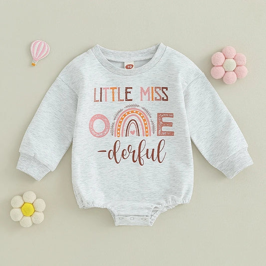 Little Miss One Derful Crewnek Birthday Romper, Gray #20006