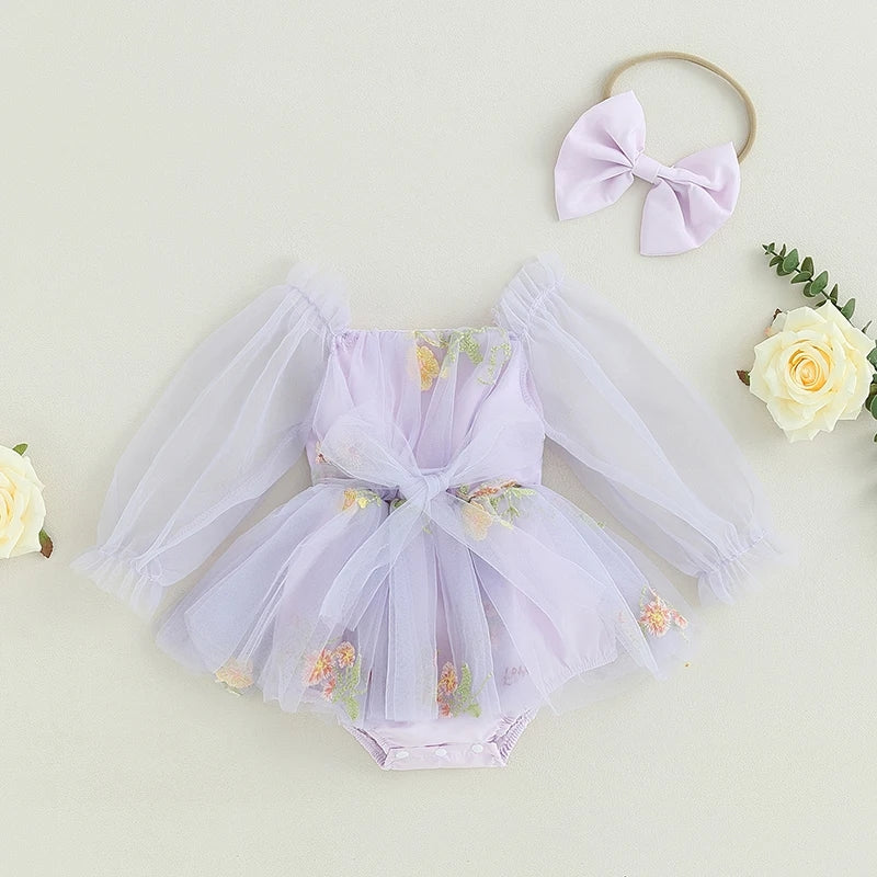 Purple Embroidered Long Sleeve Romper and Headband #10020034