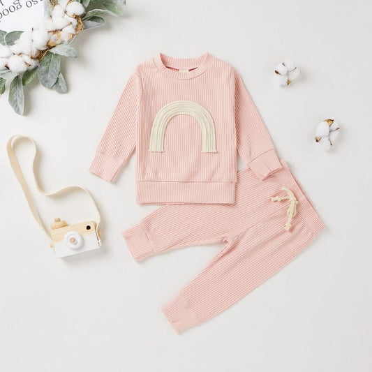 Pink Crewneck Ribbed Rainbow Tracksuit  #100098