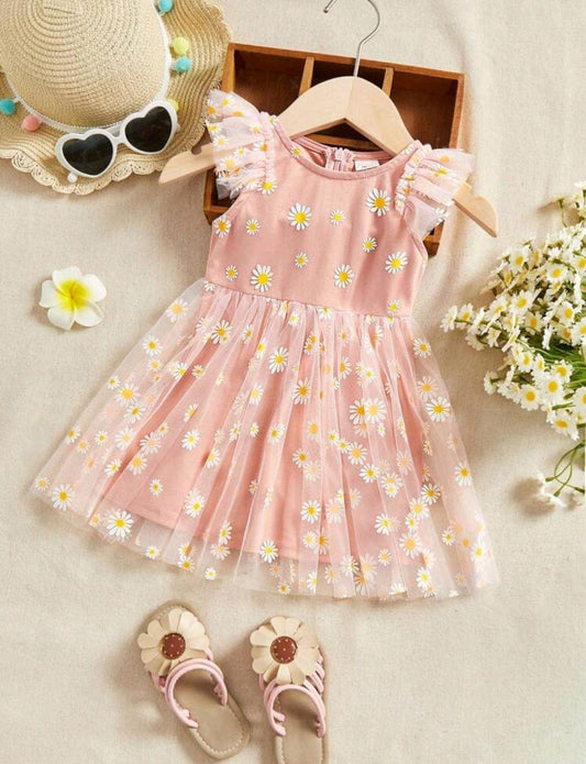 Peachy Pink Daisy Dress with Ruffle Sleeves #10020