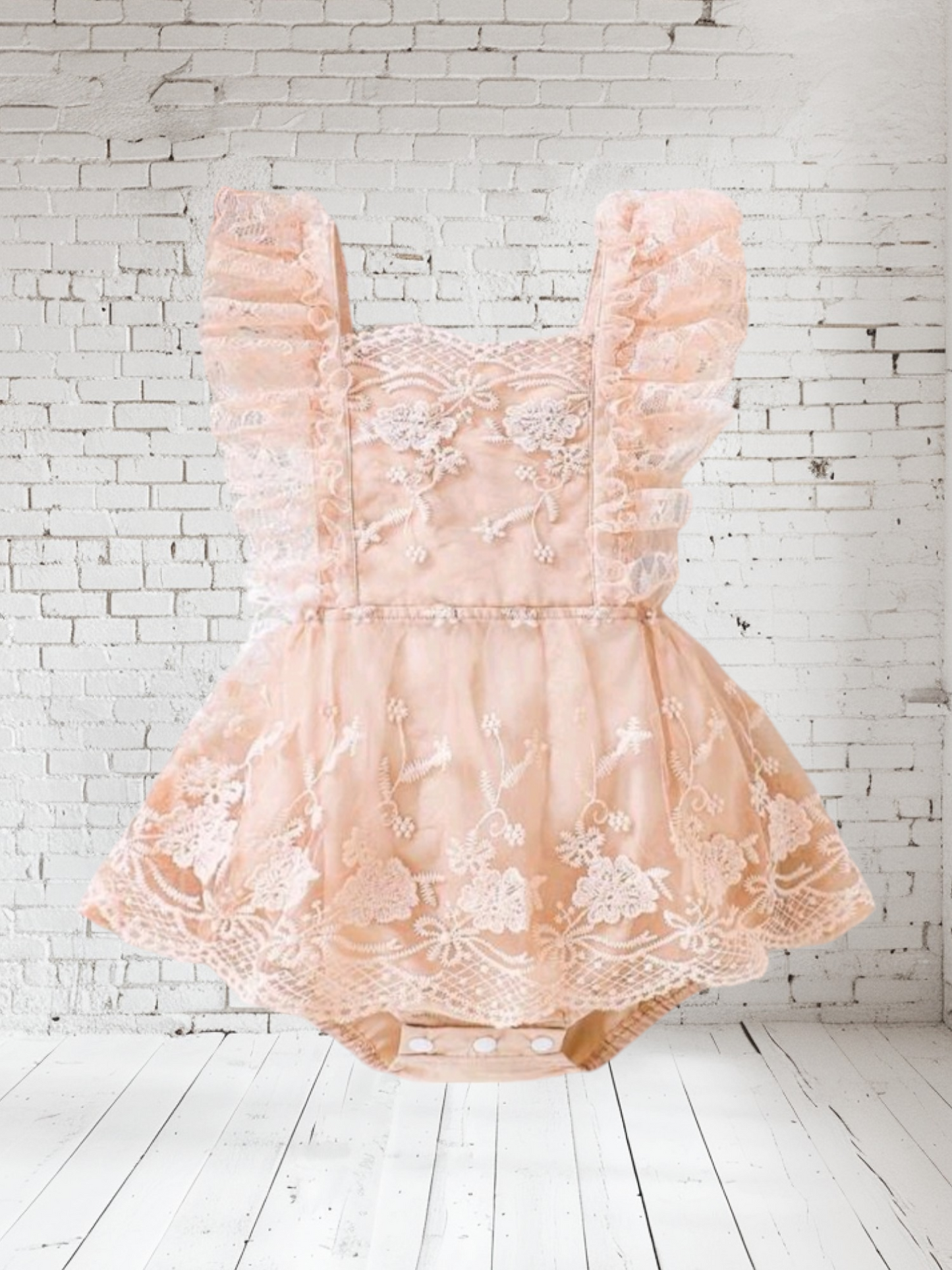 Peachy Pink Romper Dress with Embroidered Mesh Overlay #1000374