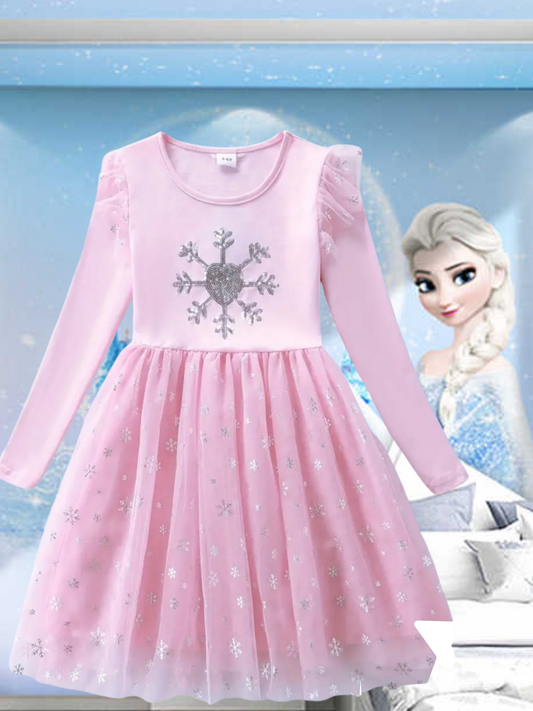 Pink Snow Princess Dress with Embroidered Snowflake #1002002