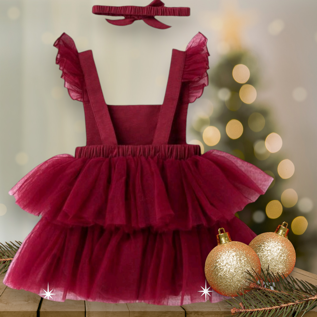 Maroon Multi-Layered Mesh Ruffle Romper and Headband #1000426