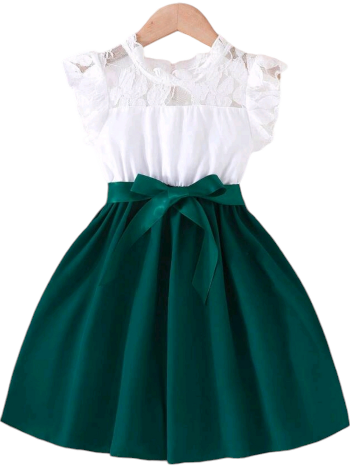 White Lace Ruffle Sleeve Dress with Green #1000359