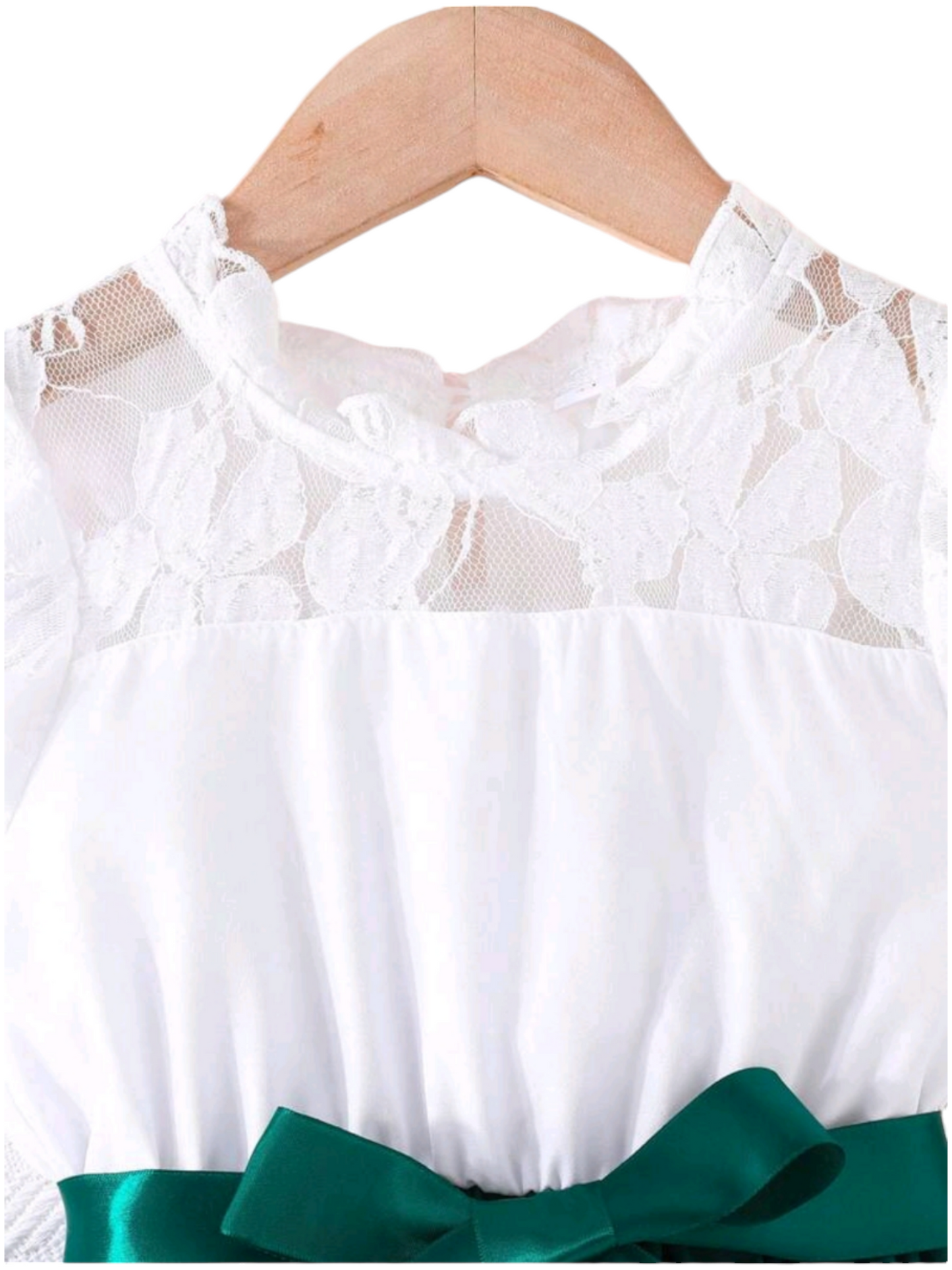 White Lace Ruffle Sleeve Dress with Green #1000359