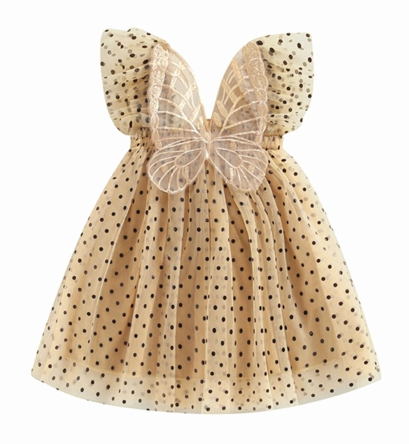 Champagne Polka Lace Butterfly Tulle Dress #1001154