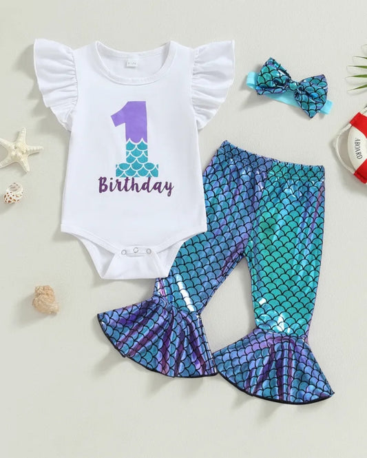 First Birthday Ruffle Sleeve Romper with Mermaid Bell Bottoms and Headband  #1000206