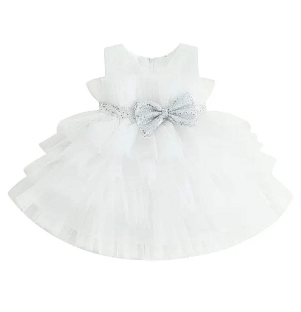 White Special Occasions Dress with Silver Sequins Bow #1000306