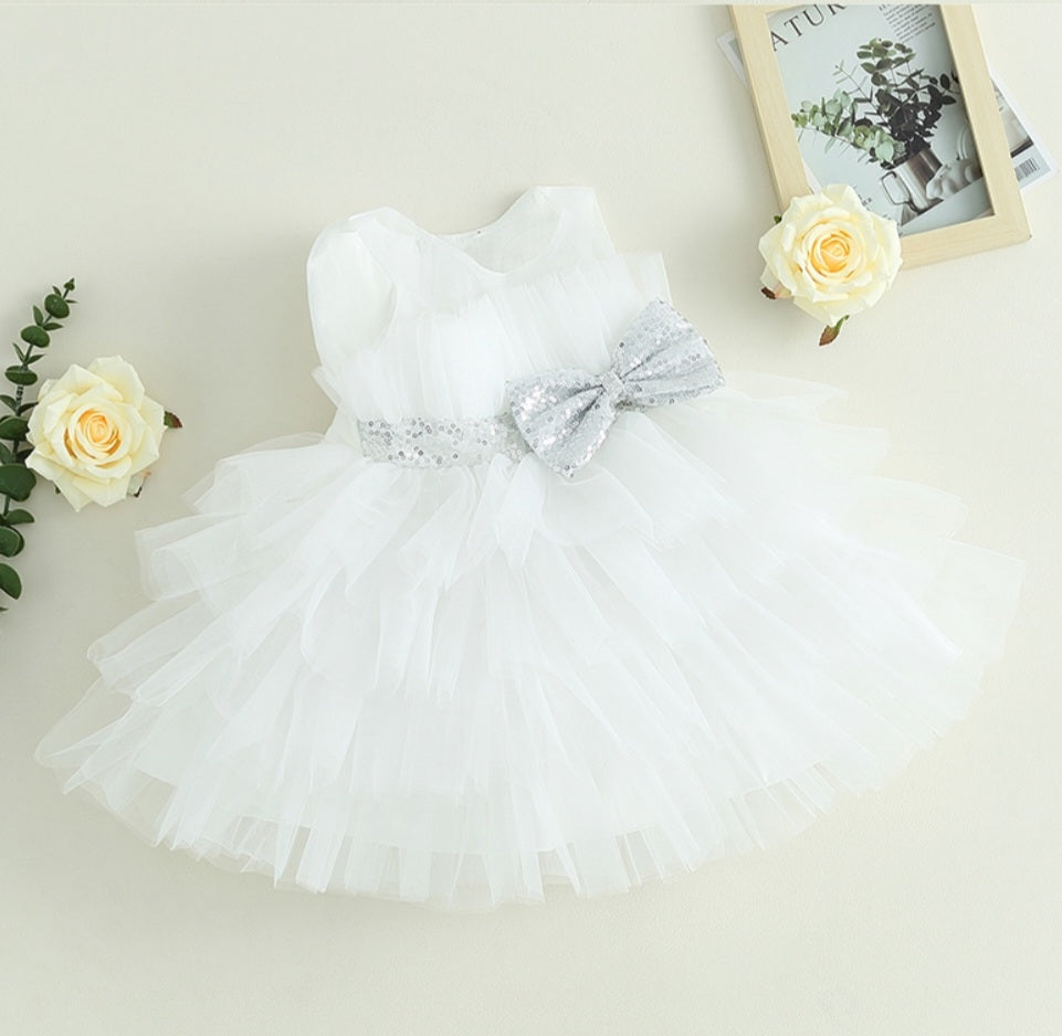 White Special Occasions Dress with Silver Sequins Bow #1000306