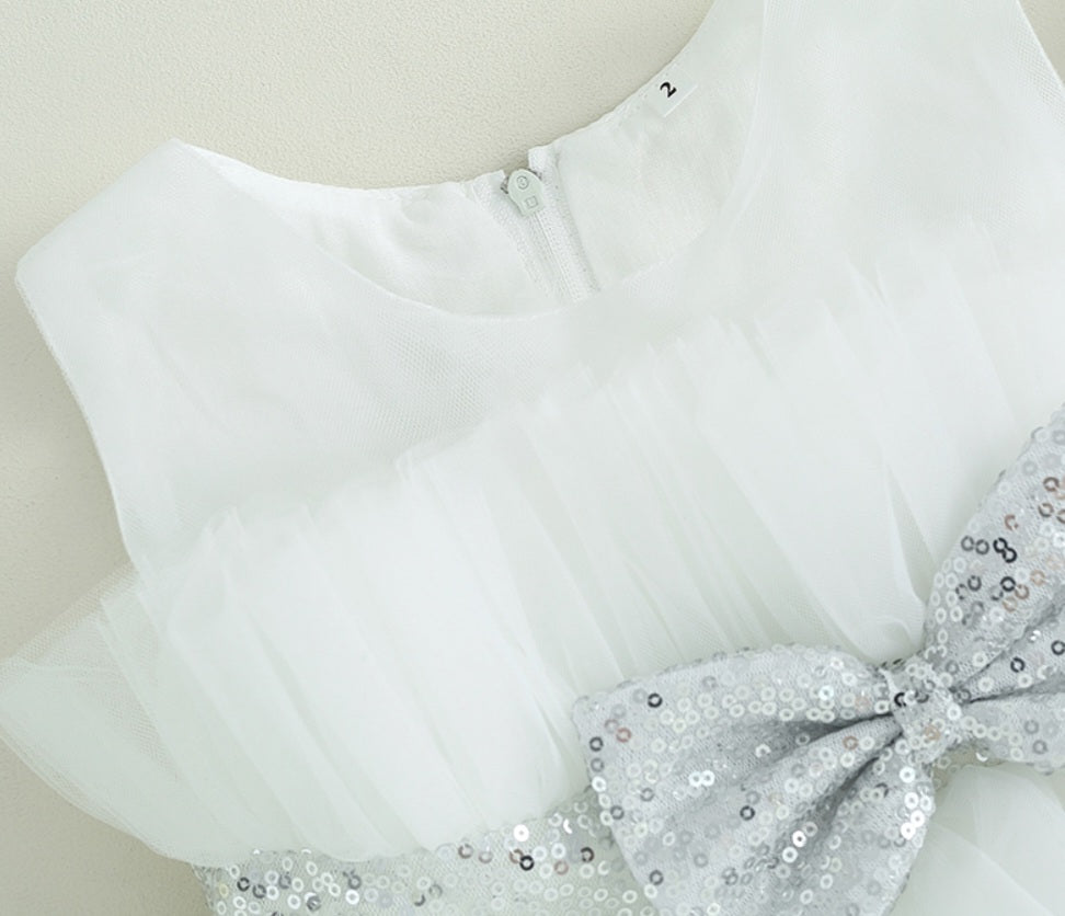 White Special Occasions Dress with Silver Sequins Bow #1000306