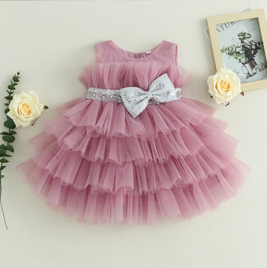 Dusty Pink Special Occasions Dress with Silver Sequins Bow #1000268