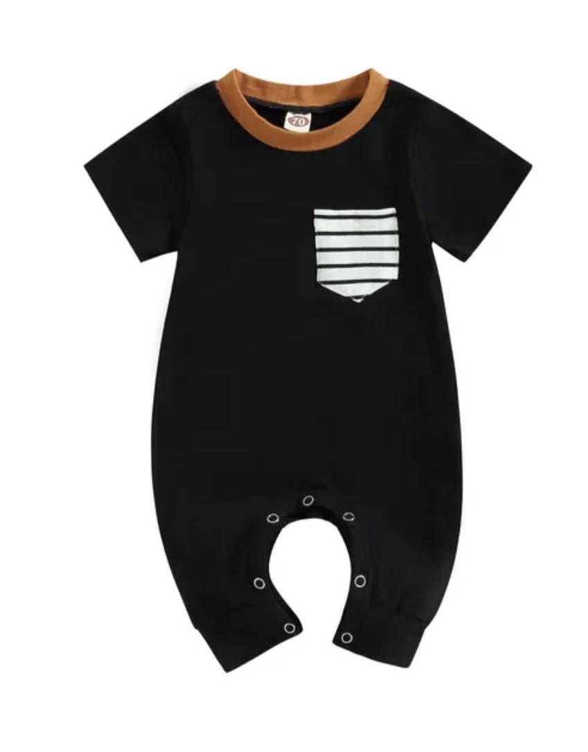 Black Romper with Striped Pocket and Caramel Crewneck, Gender Neutral #2000300