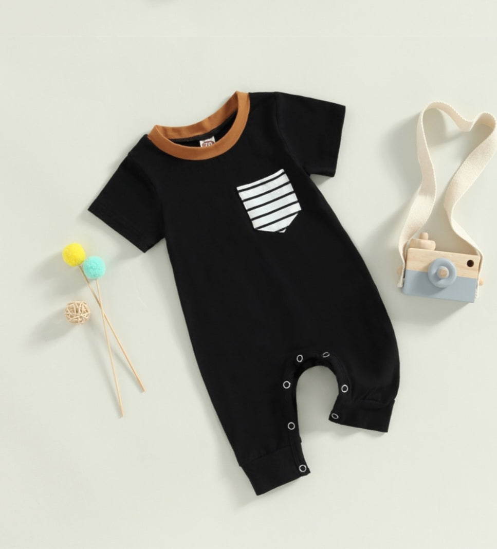 Black Romper with Striped Pocket and Caramel Crewneck, Gender Neutral #2000300