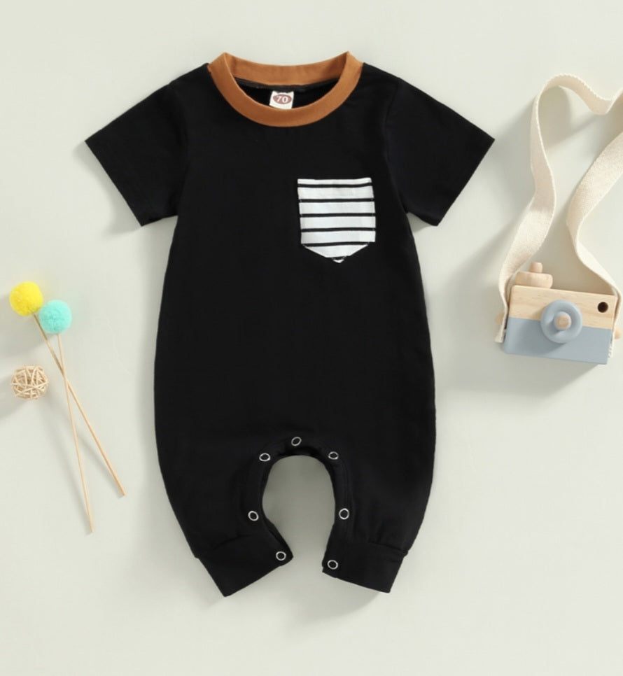 Black Romper with Striped Pocket and Caramel Crewneck, Gender Neutral #2000300