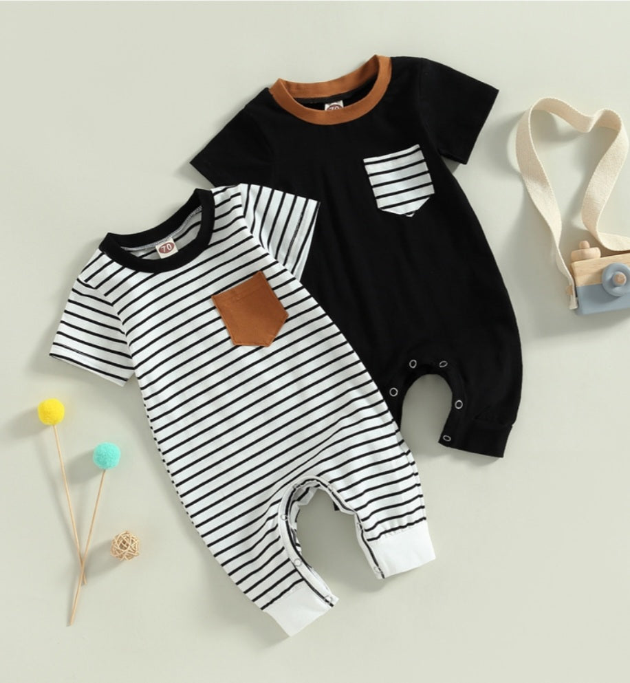 Black Romper with Striped Pocket and Caramel Crewneck, Gender Neutral #2000300