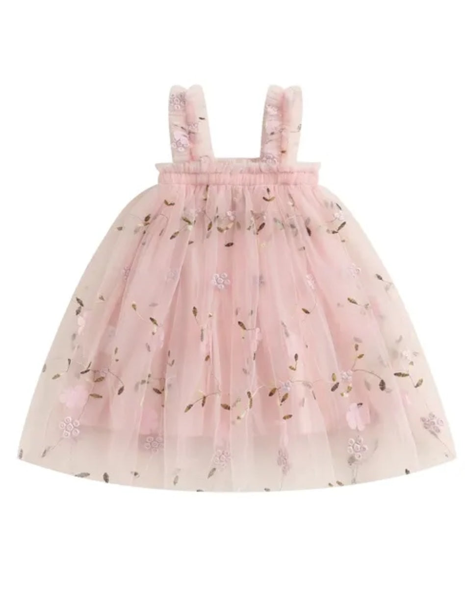 Peachy Pink Embroidered Floral Tulle Dress #1000249