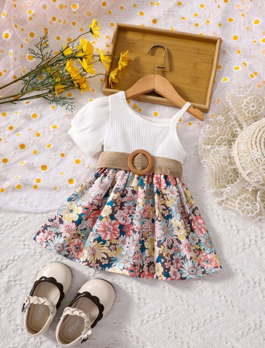 Floral Puff Sleeve Dress and Belt #10011