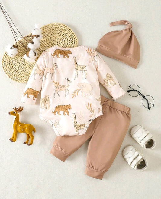 Safari Long Sleeve Romper with Monochrome Pants and Pumpkin Hat Gender Neutral #10011