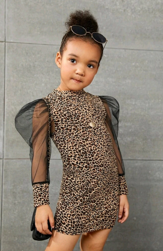 Little Leopard Dress with Puffy Mesh Sleeves #10028