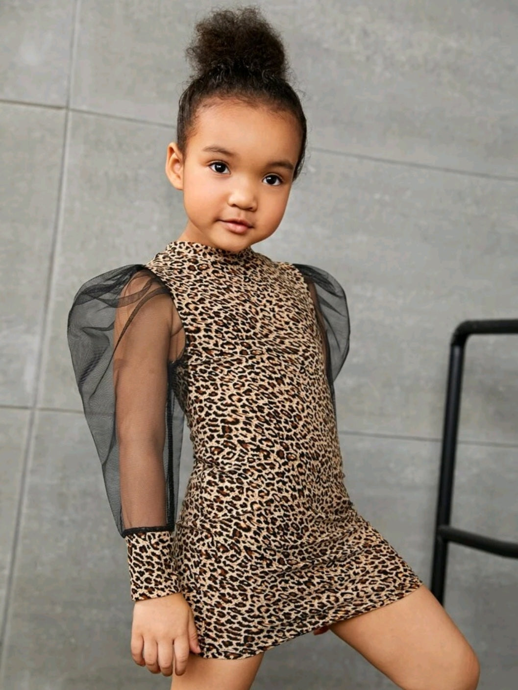 Little Leopard Dress with Puffy Mesh Sleeves #10028