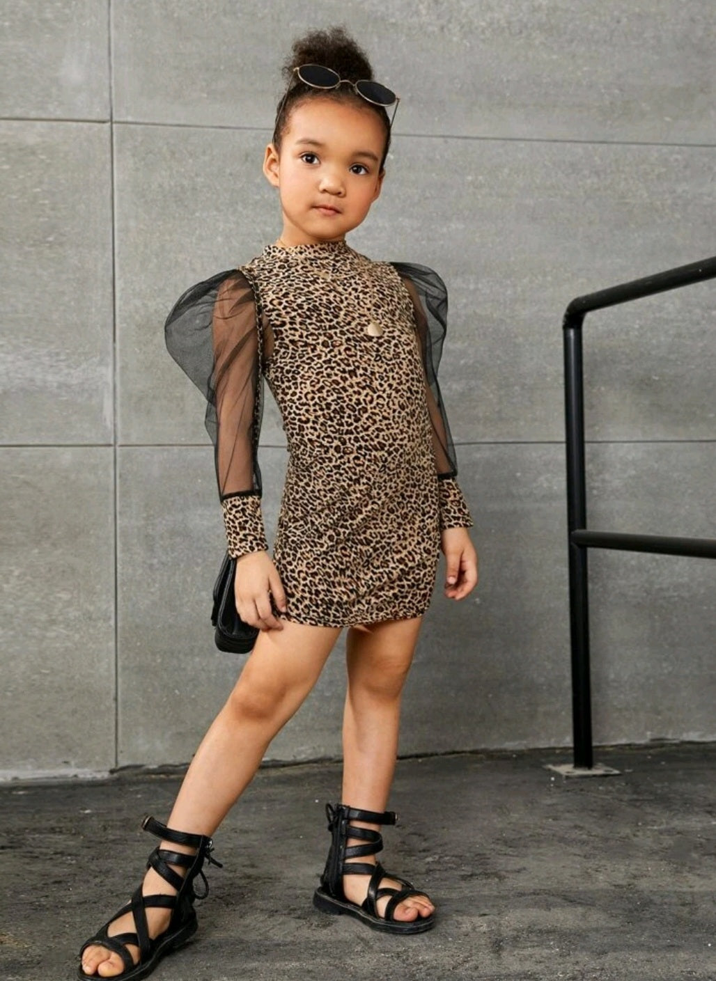 Little Leopard Dress with Puffy Mesh Sleeves #10028