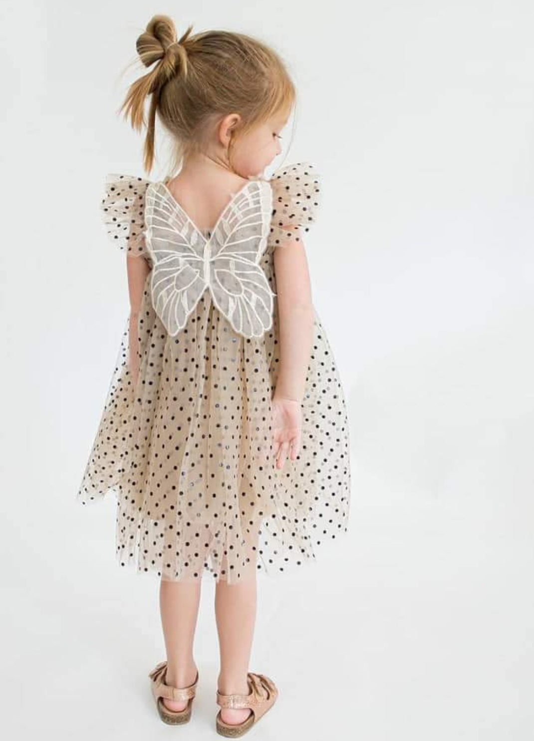 Champagne Polka Lace Butterfly Tulle Dress #1001154