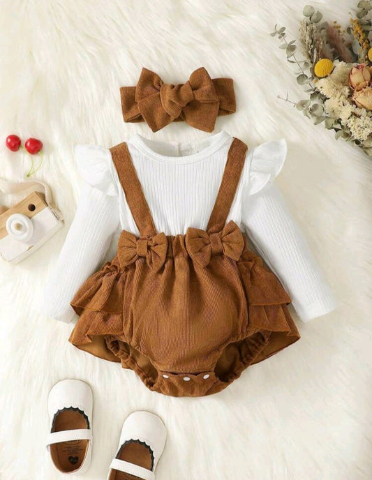 Ribbed White Romper with Brown Corduroy Suspended Bloomer (Overall) and Headband #1000292