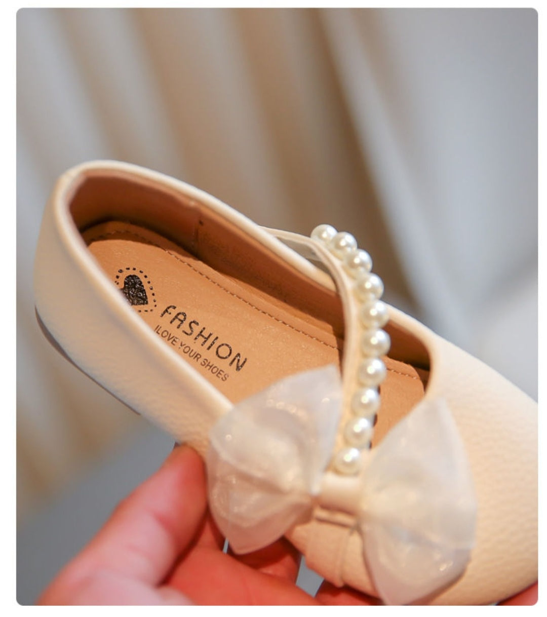 Pearl Bow Girls Party Dance Shoes Cream #300039