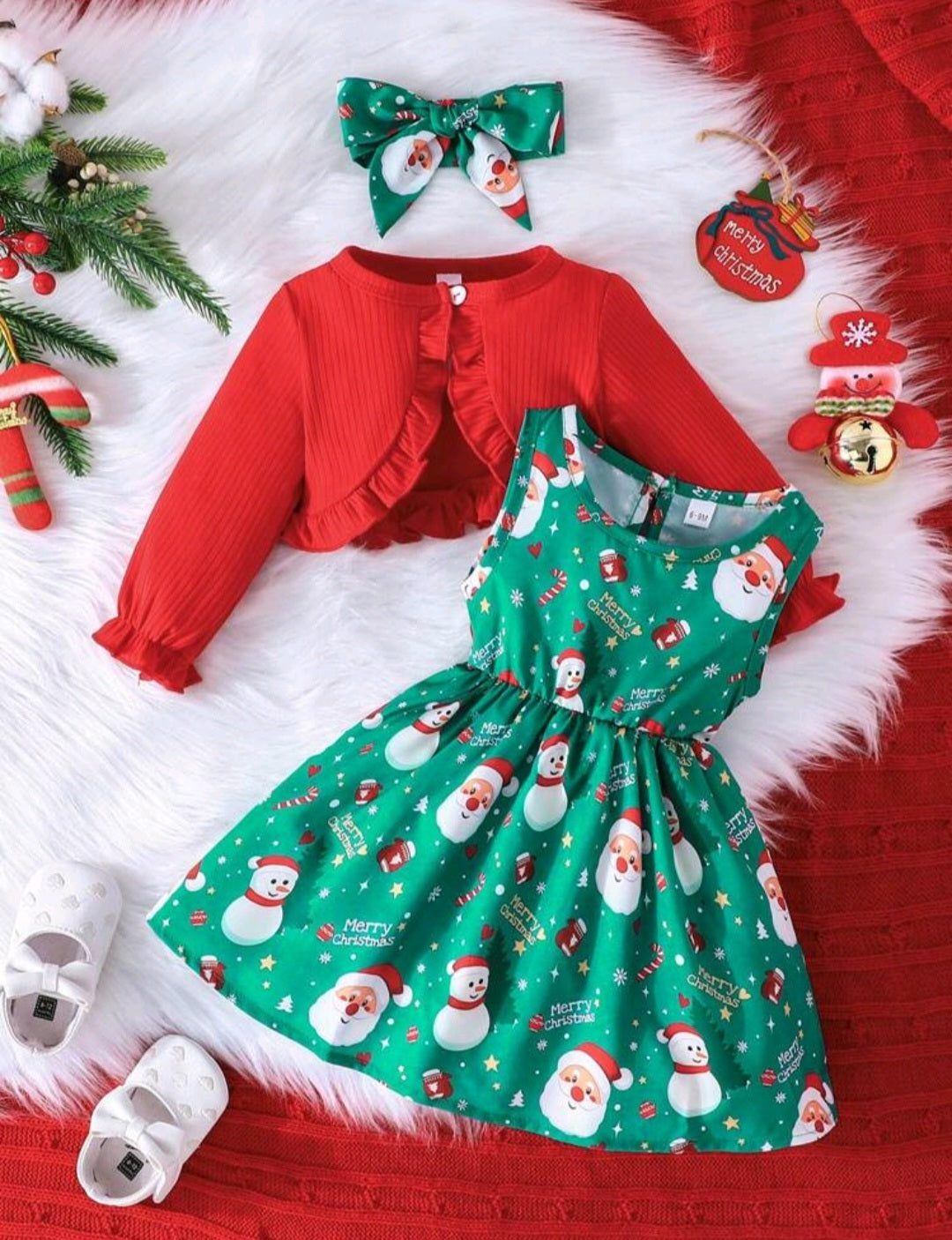 3PSC Christmas Outfit Dress, Headband and Long Sleeve Ruffle Top #1000981