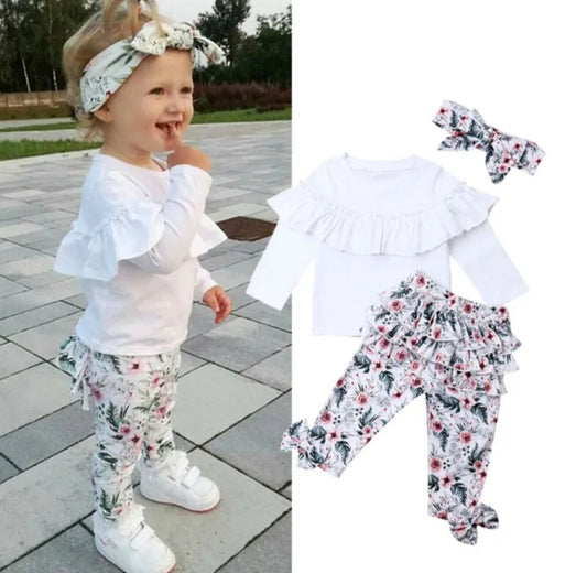 White Ruffle Top with Florral Leggings and Headband #100054