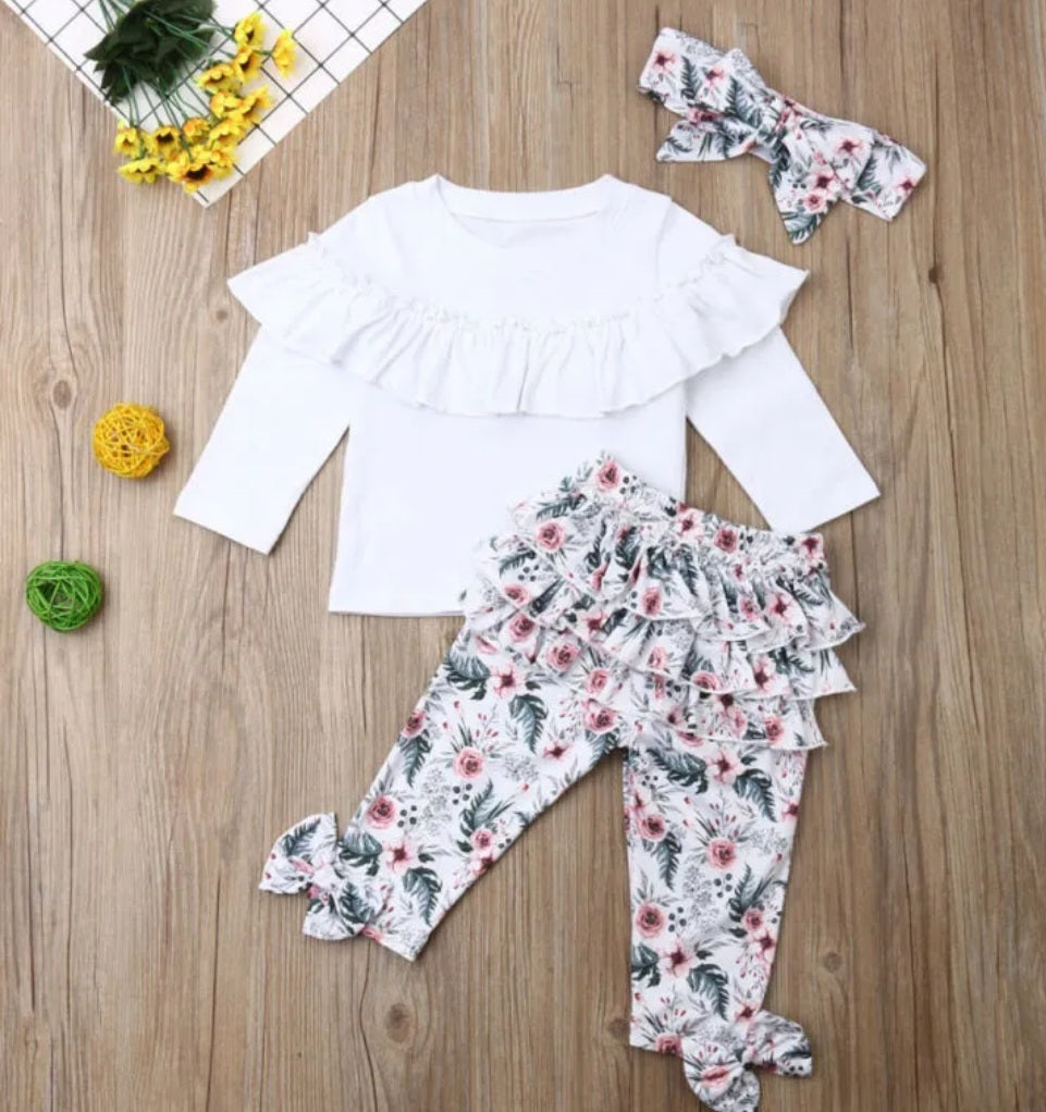 White Ruffle Top with Florral Leggings and Headband #100054