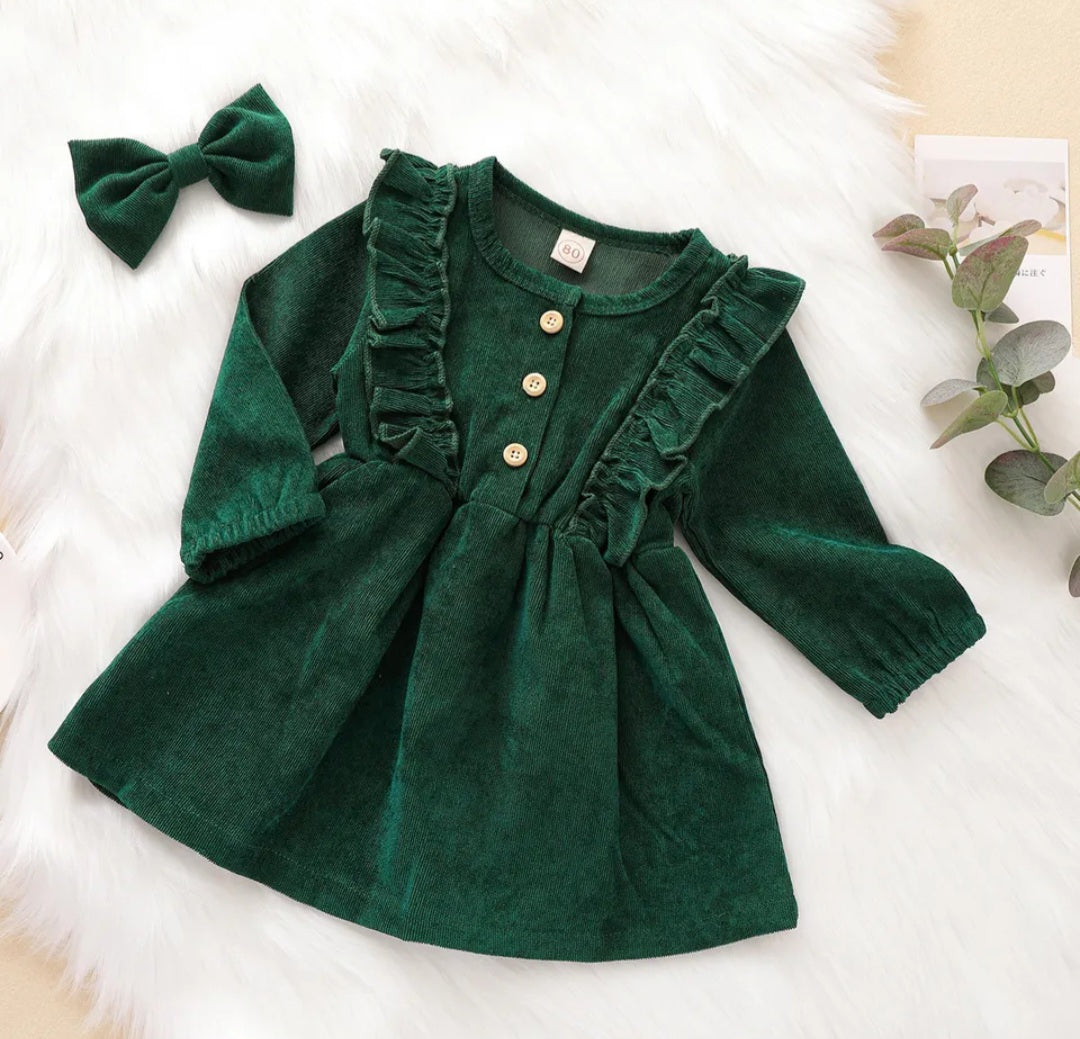 Forest Green  Corduroy Dress and Hairclip #1001140