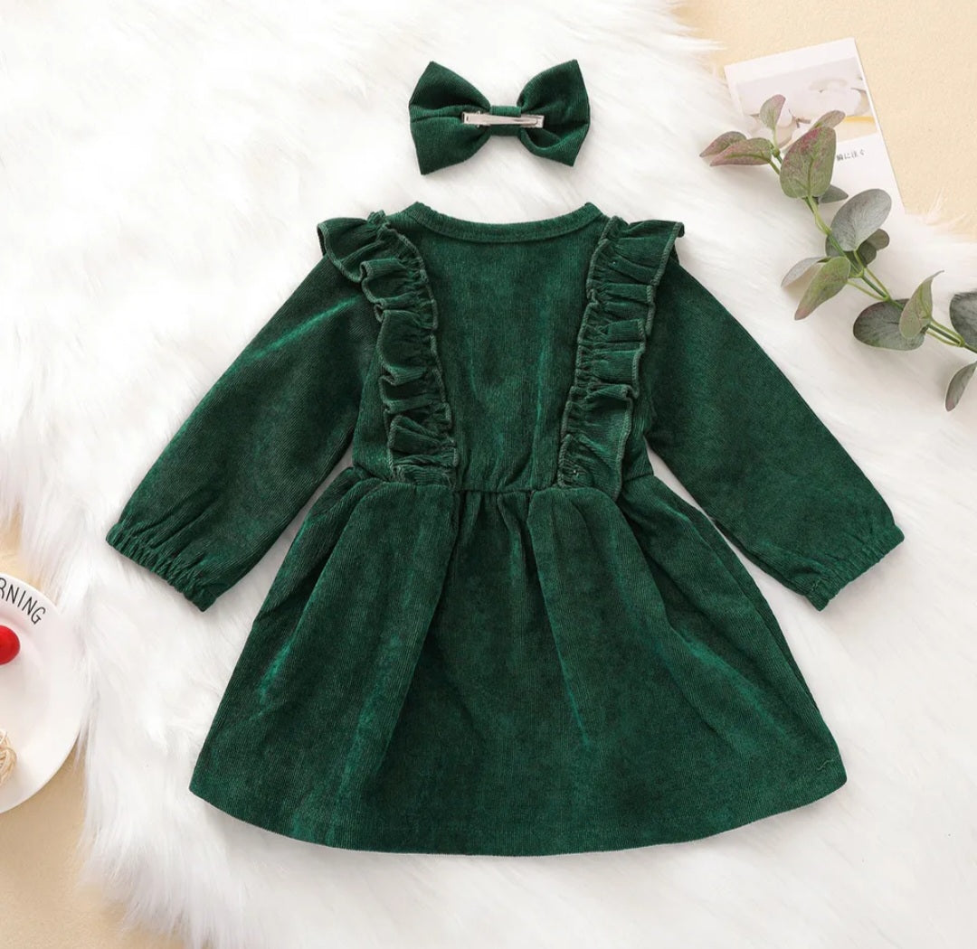 Forest Green  Corduroy Dress and Hairclip #1001140