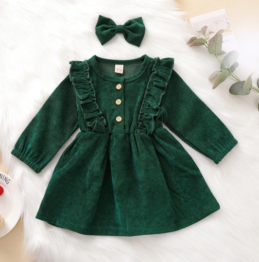 Forest Green  Corduroy Dress and Hairclip #1001140