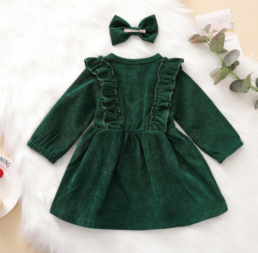 Forest Green  Corduroy Dress and Hairclip #1001140