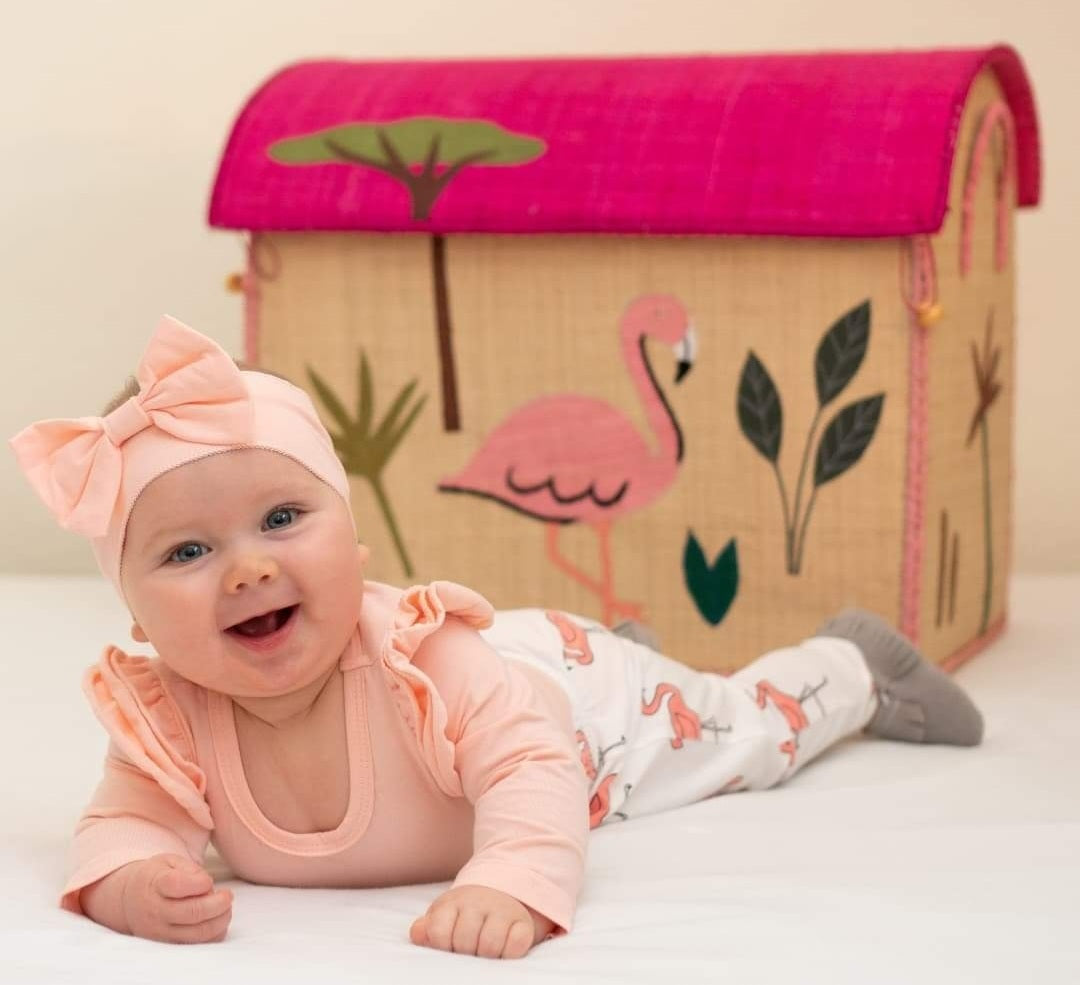 Pink Ruffle Sleeve Romper with Flamingo Pants and Headband  #100076