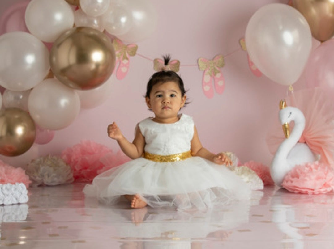 White Lace Tutu Dress with Gold Sequins Bow #1000314