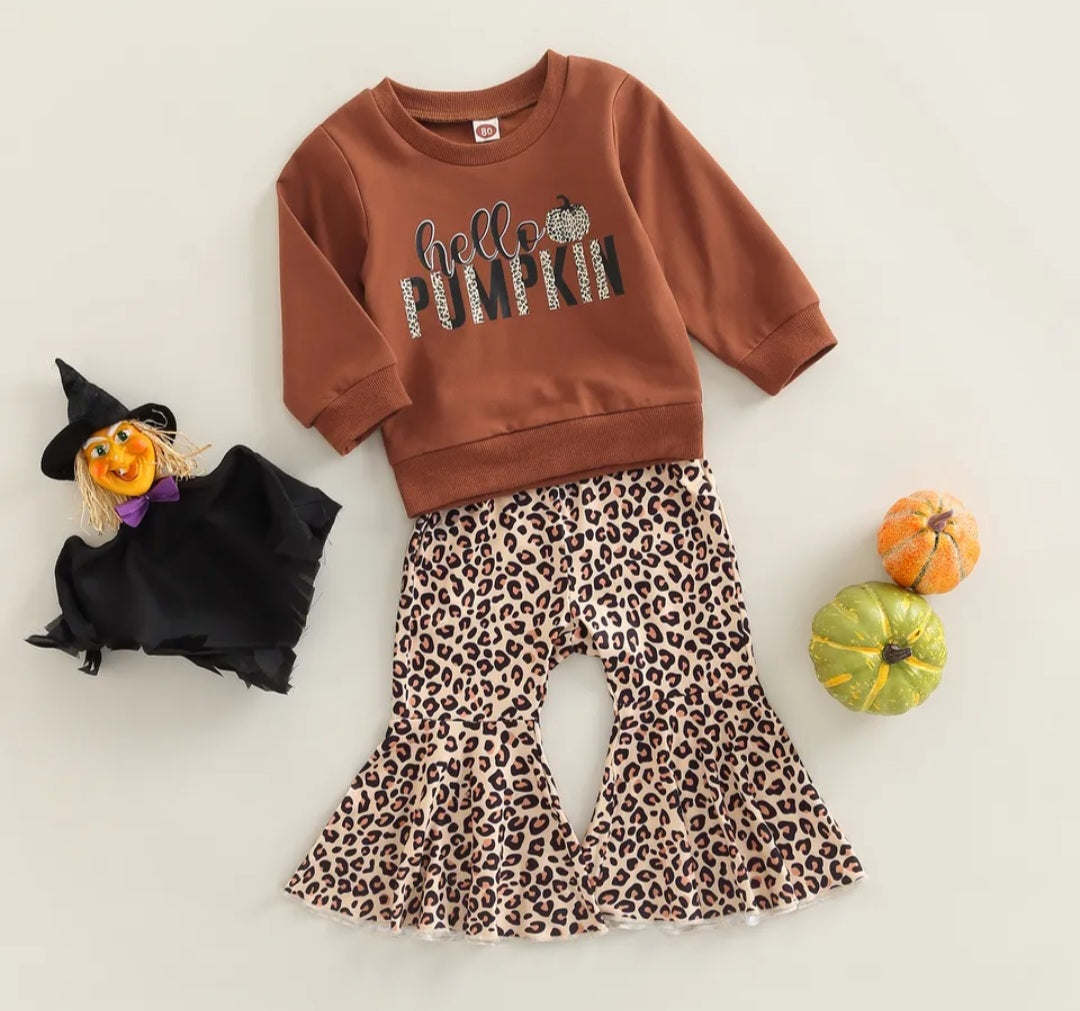 Hello Pumpkin Long Sleeve Top and Leopard Bell Bottoms  #10005