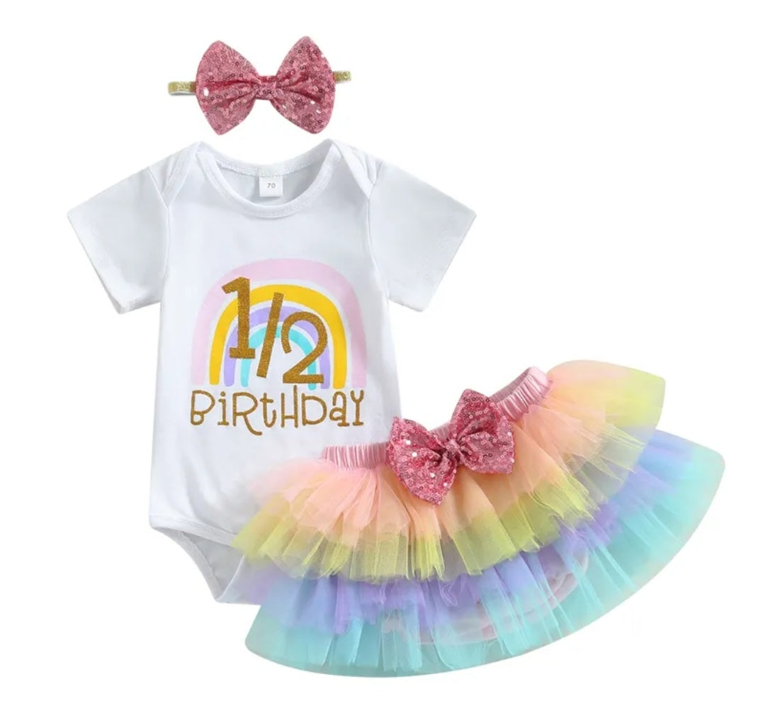 1/2 Birthday Rainbow Romper with Rainbow Ruffle Bloomer and Headband #1001174