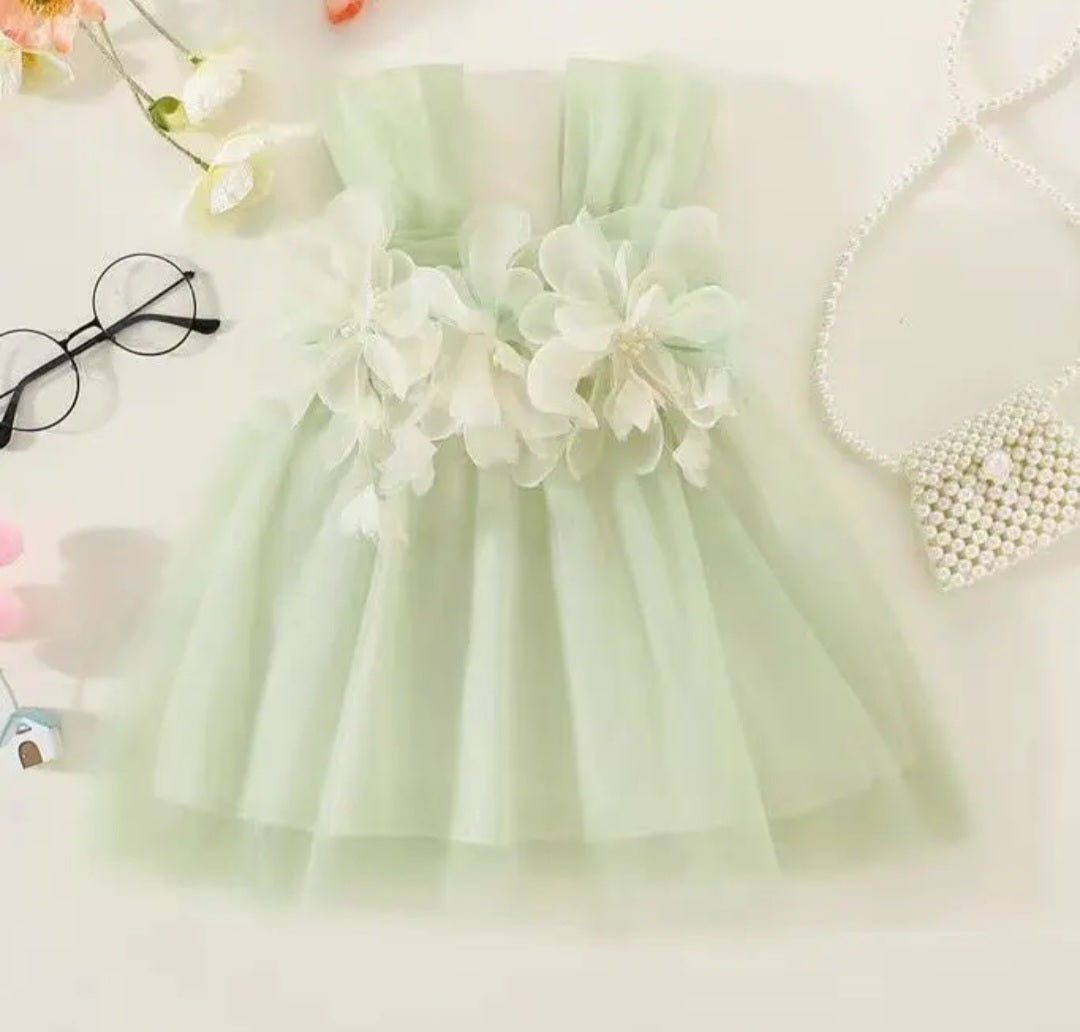 Chai Green Tulle Dress with Floral Detail #1001177