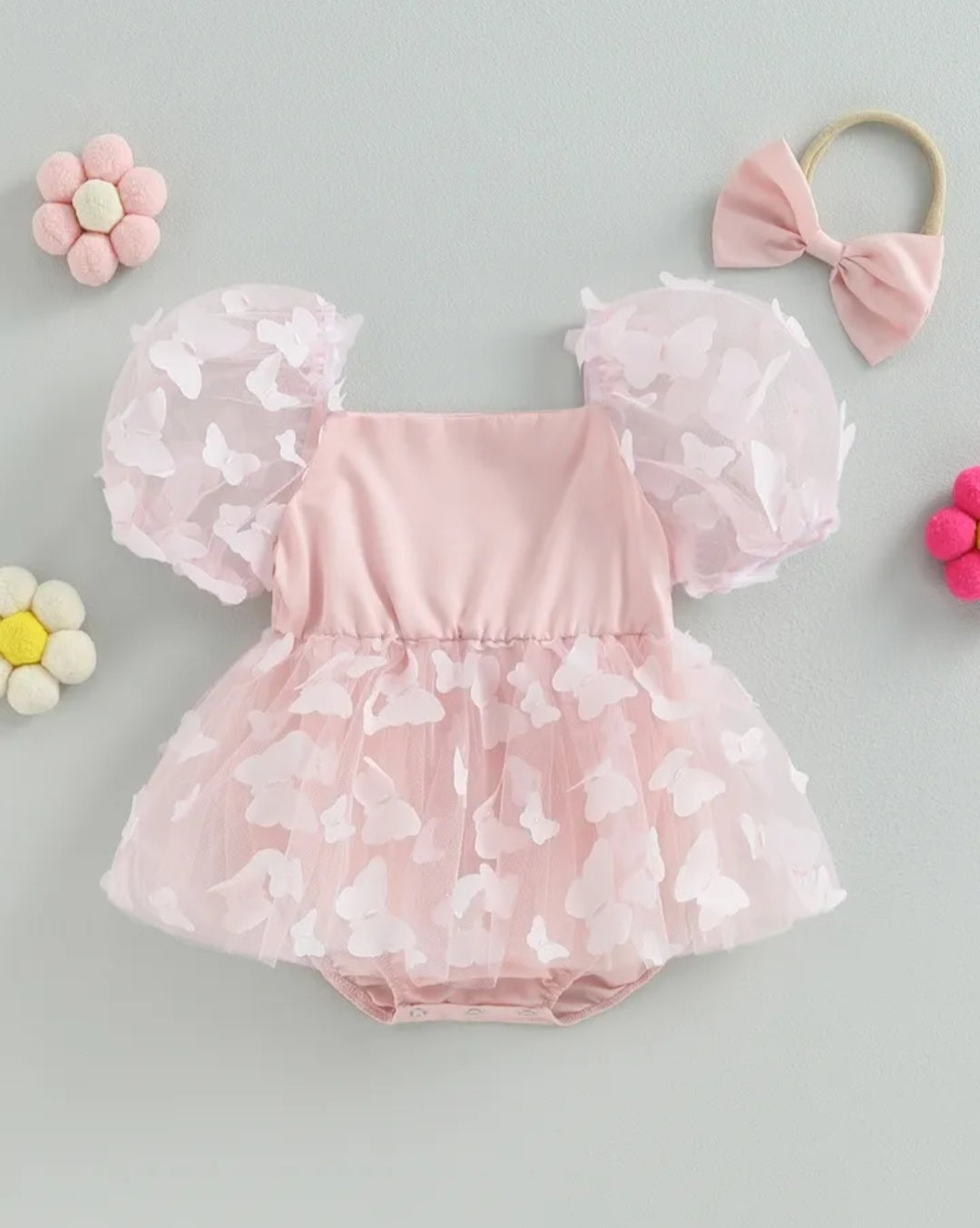 Pink Butterfly Puffy Sleeve Romper Dress #1001160