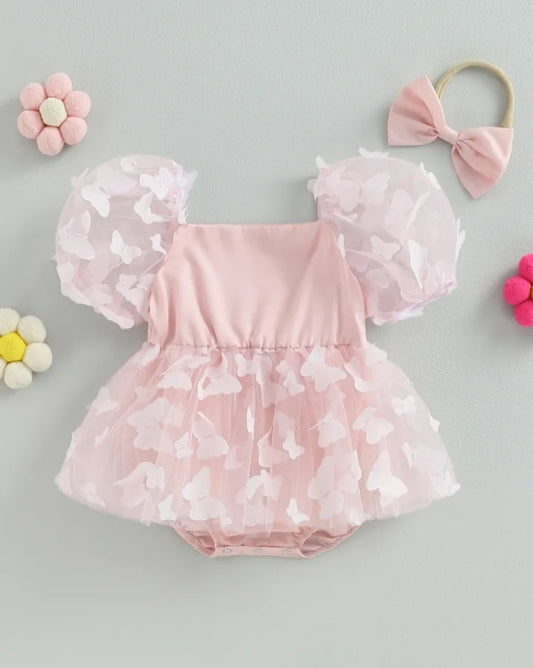 Pink Butterfly Puffy Sleeve Romper Dress #1001160