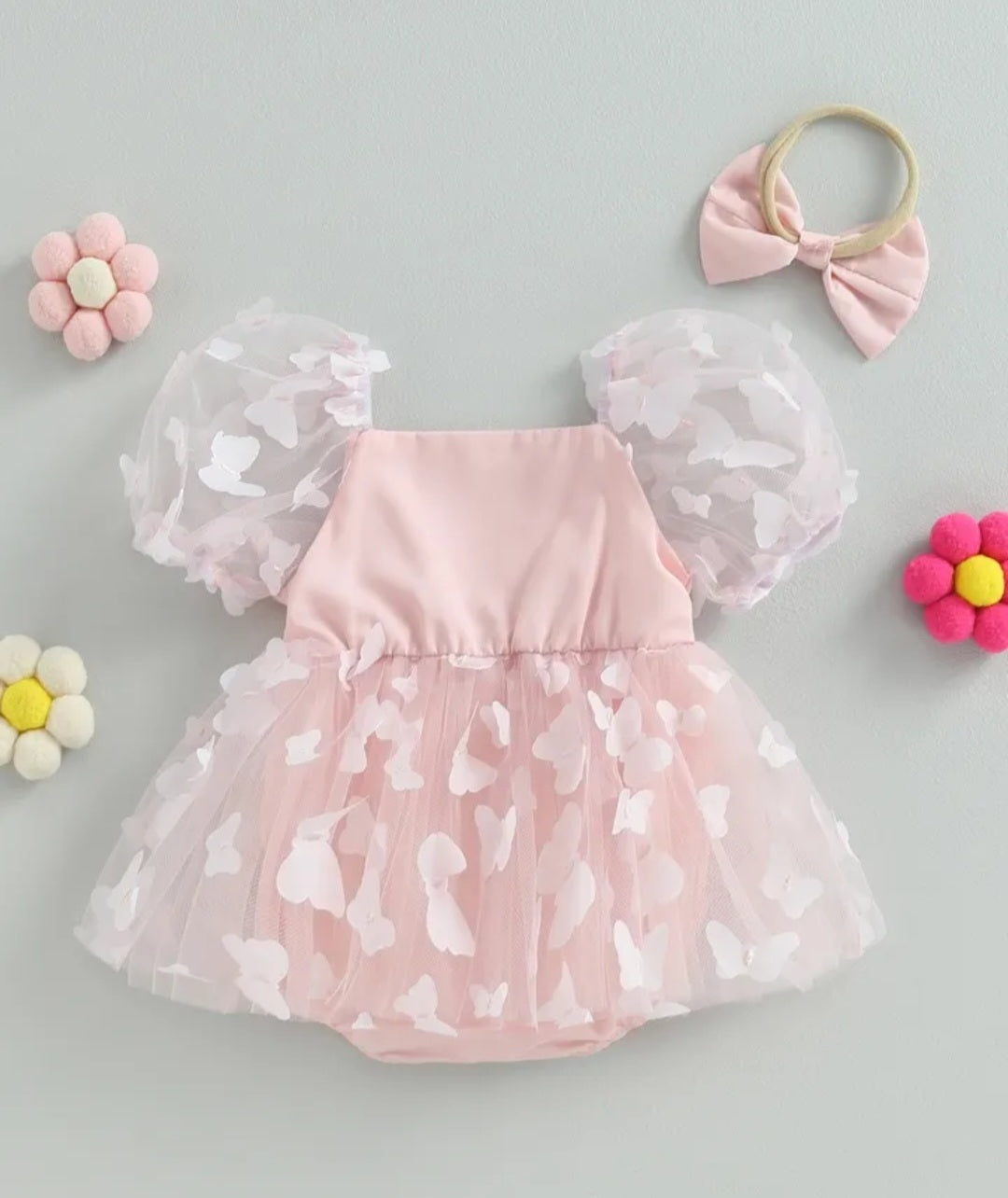 Pink Butterfly Puffy Sleeve Romper Dress #1001160